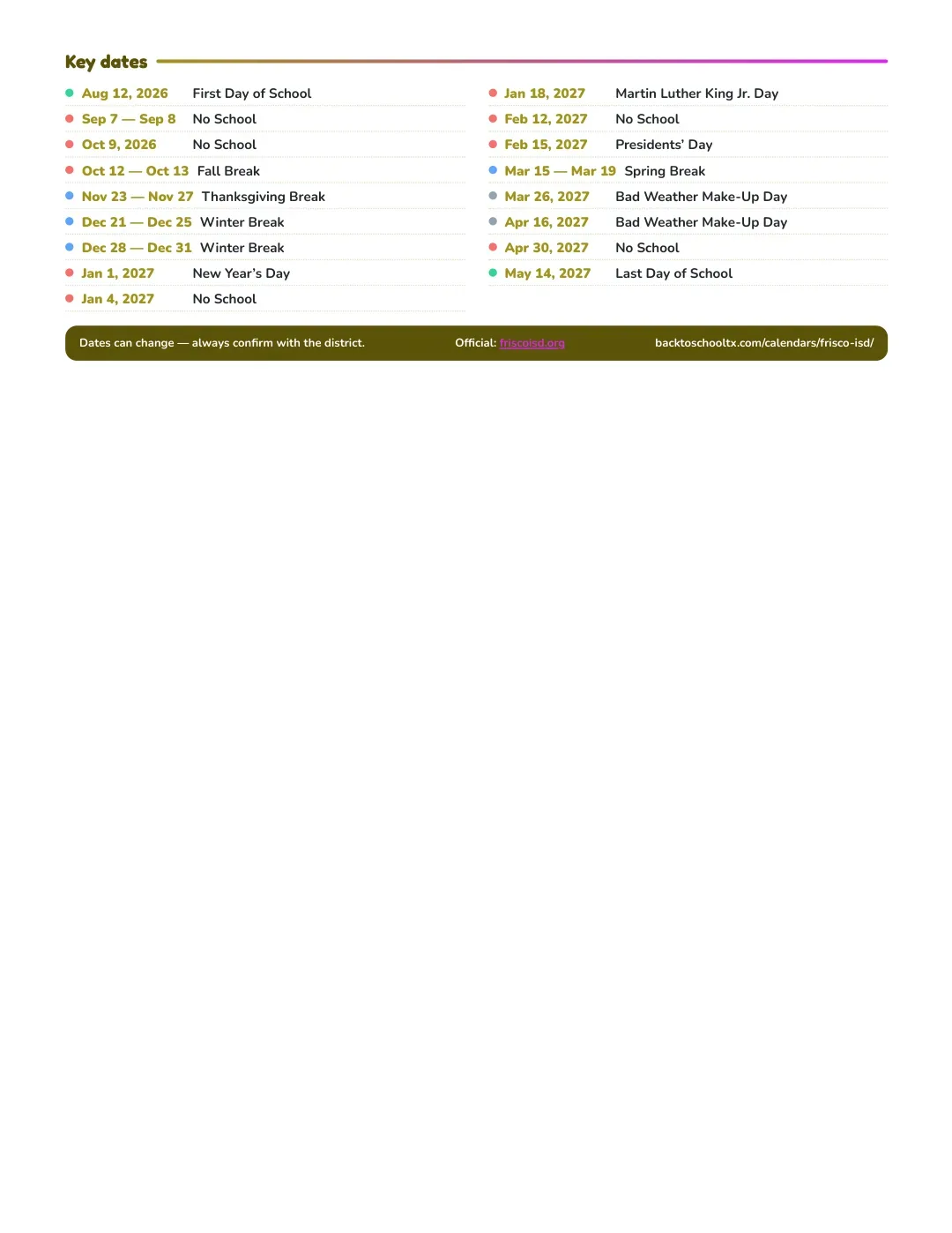 Frisco ISD Calendar for the Year 26-27 — key dates