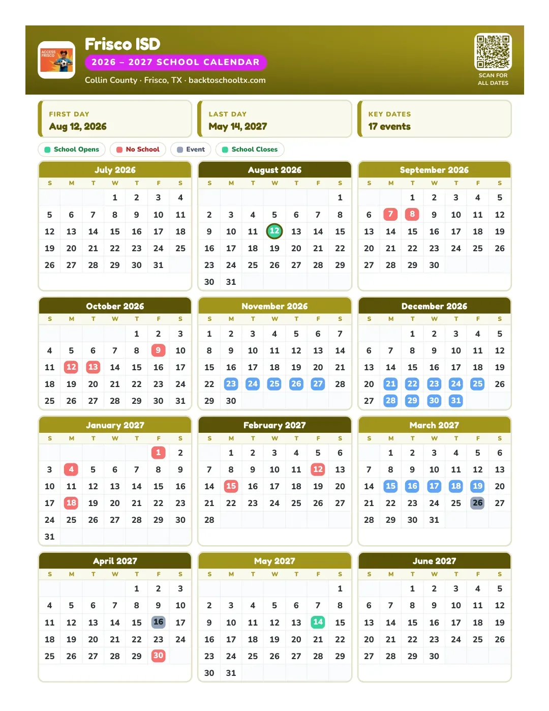 Frisco ISD Calendar for the Year 26-27