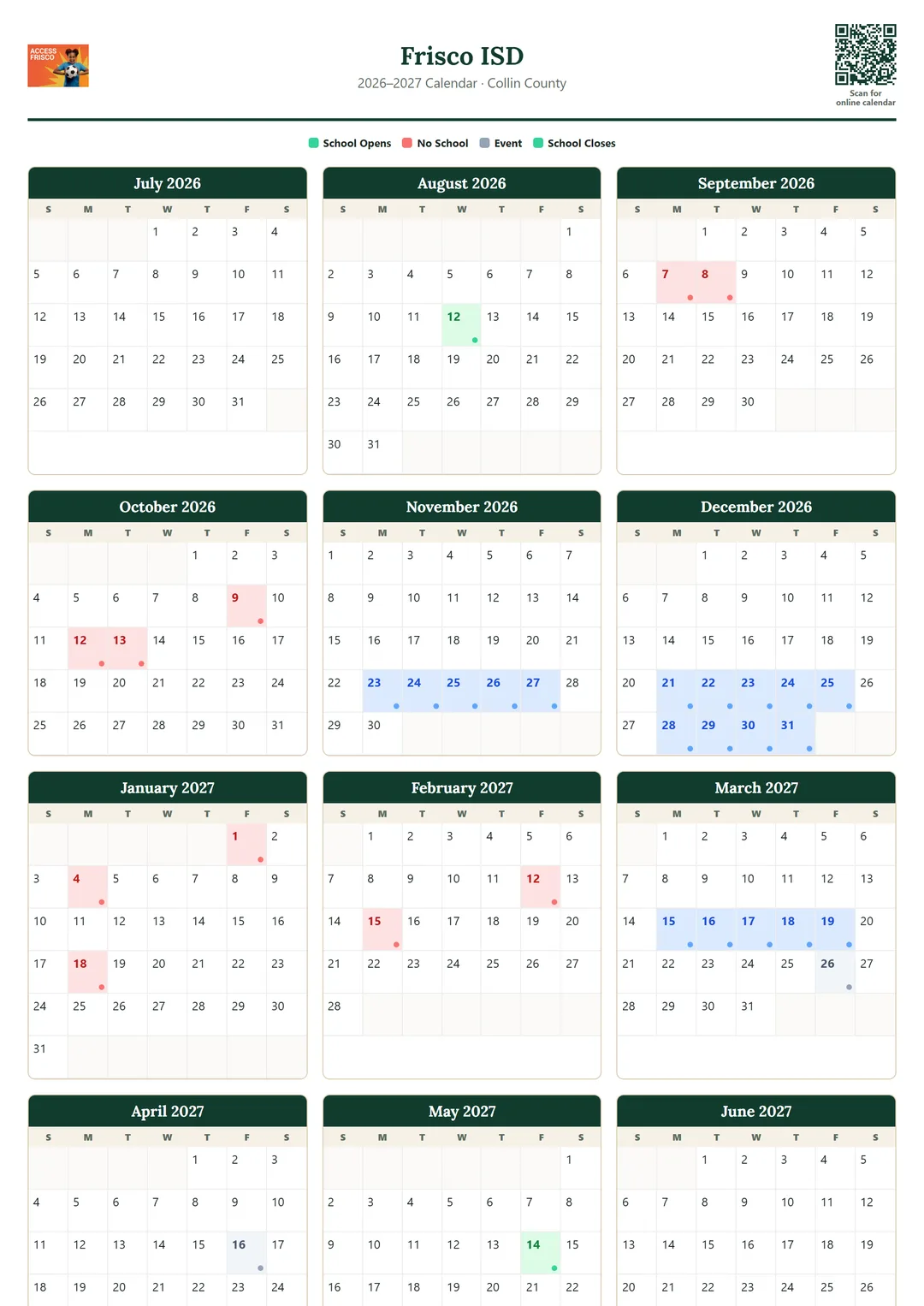 Frisco ISD printable 2026–2027 calendar
