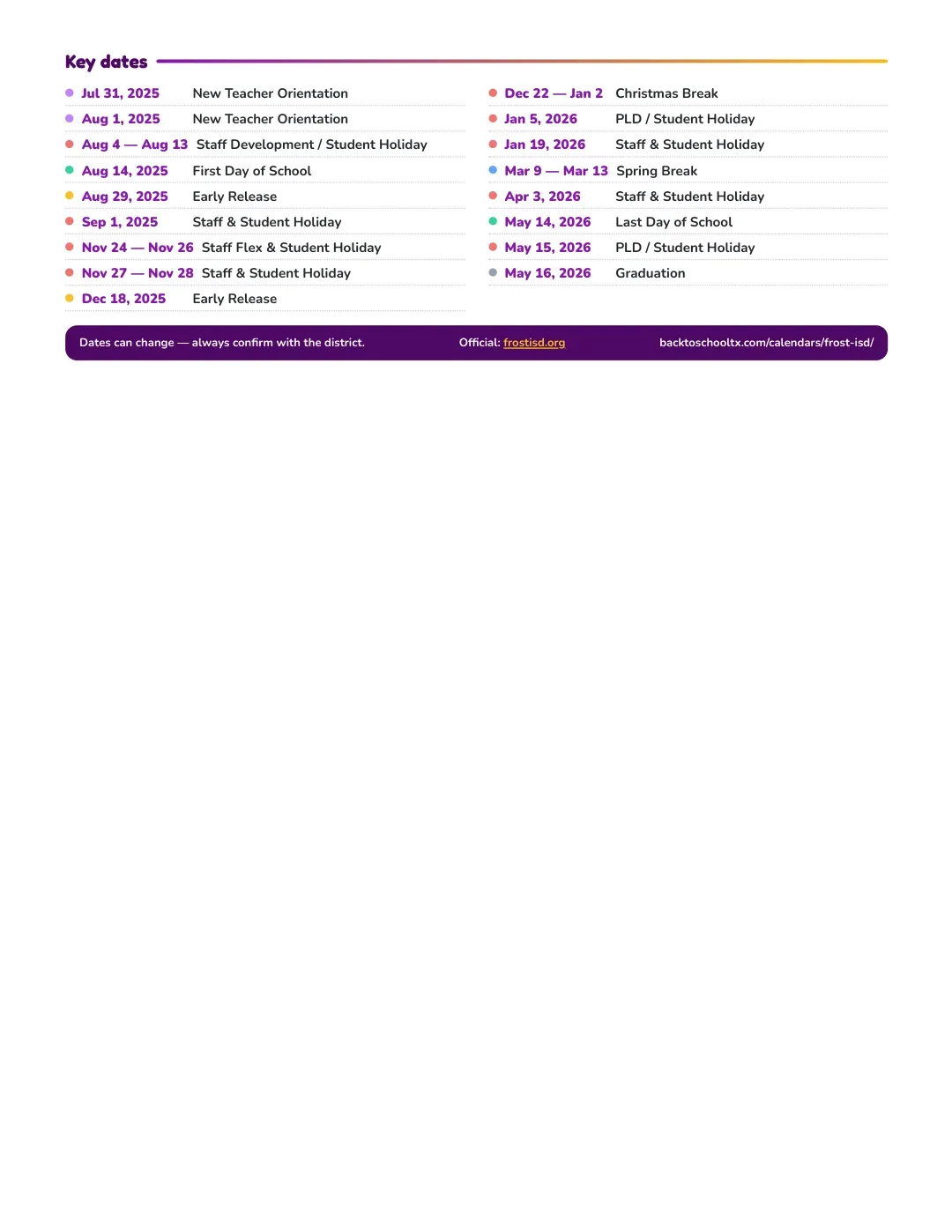 Frost ISD Calendar for the Year 26-27 — key dates