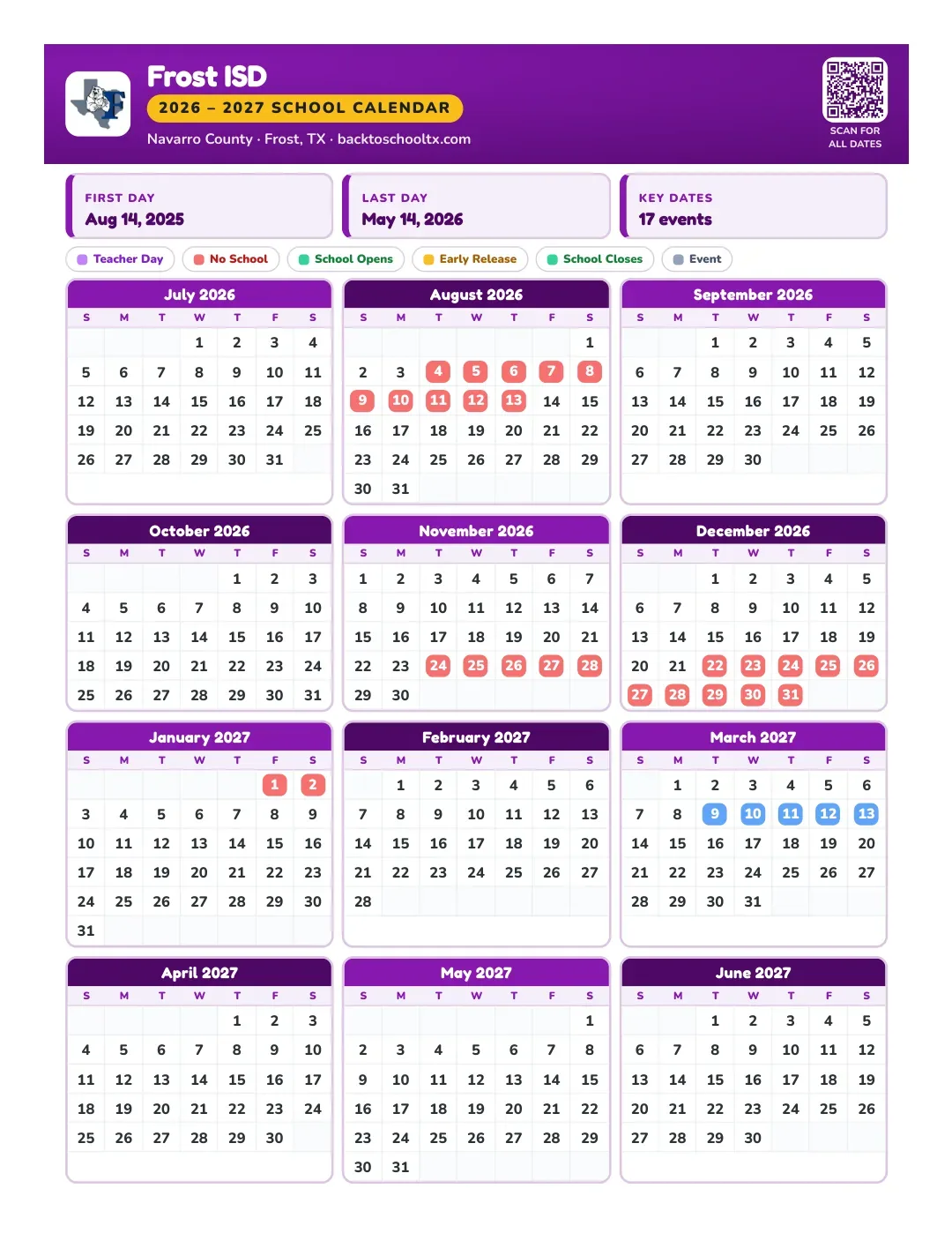 Frost ISD Calendar for the Year 26-27