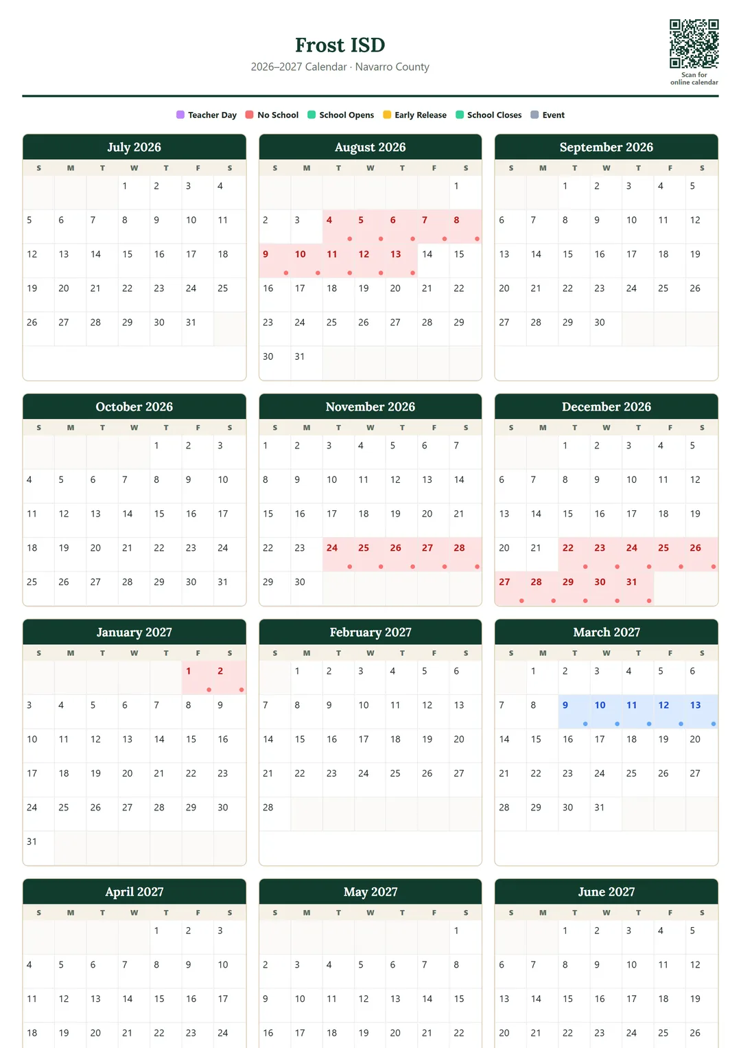 Frost ISD printable 2026–2027 calendar