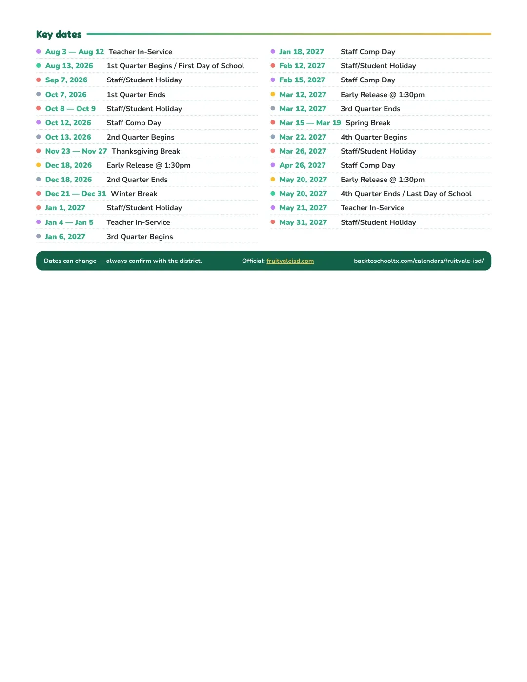 Fruitvale ISD Calendar for the Year 26-27 — key dates
