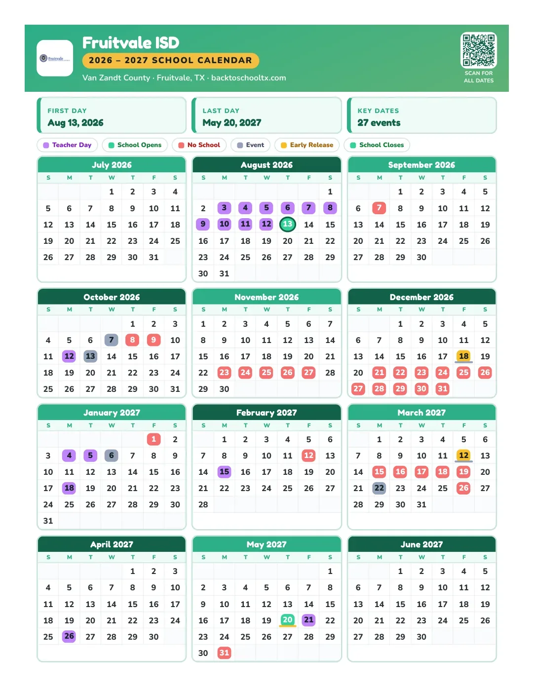 Fruitvale ISD Calendar for the Year 26-27