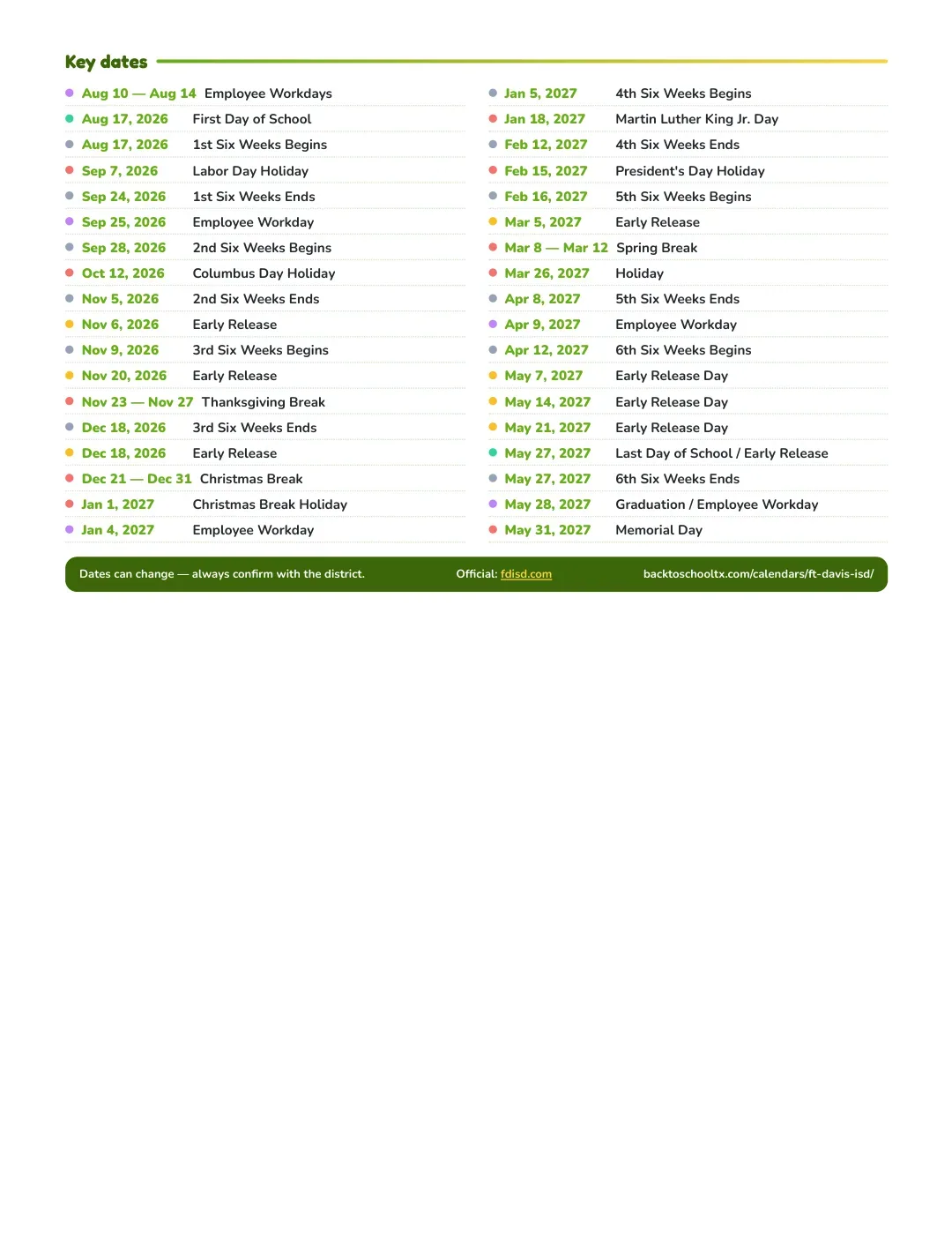 Ft Davis ISD Calendar for the Year 26-27 — key dates