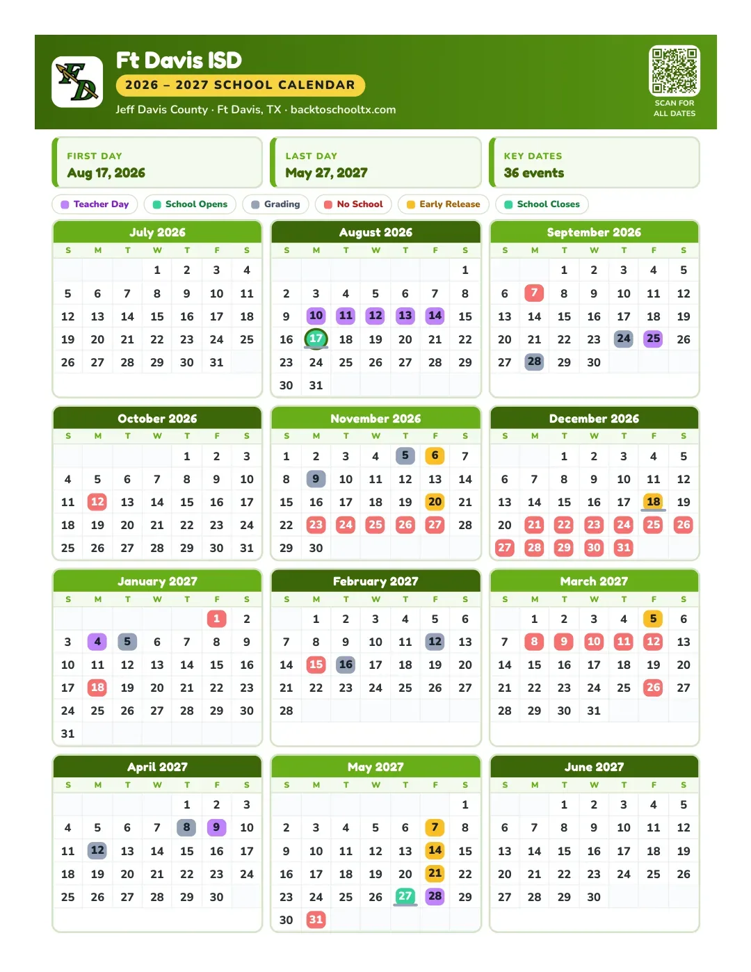 Ft Davis ISD Calendar for the Year 26-27