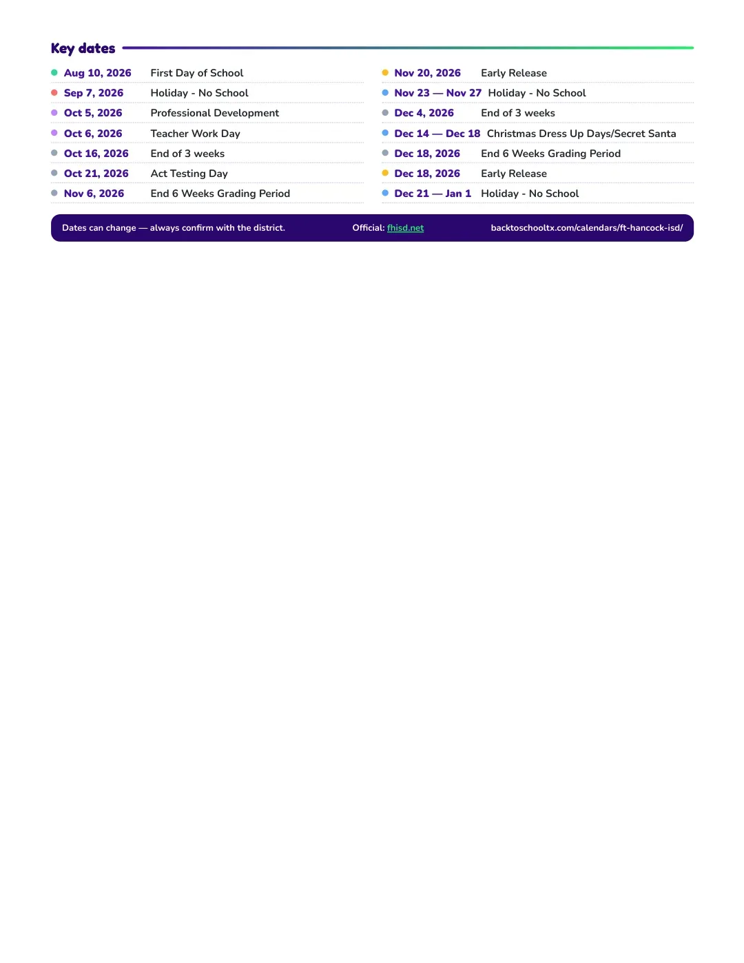 Ft Hancock ISD Calendar for the Year 26-27 — key dates