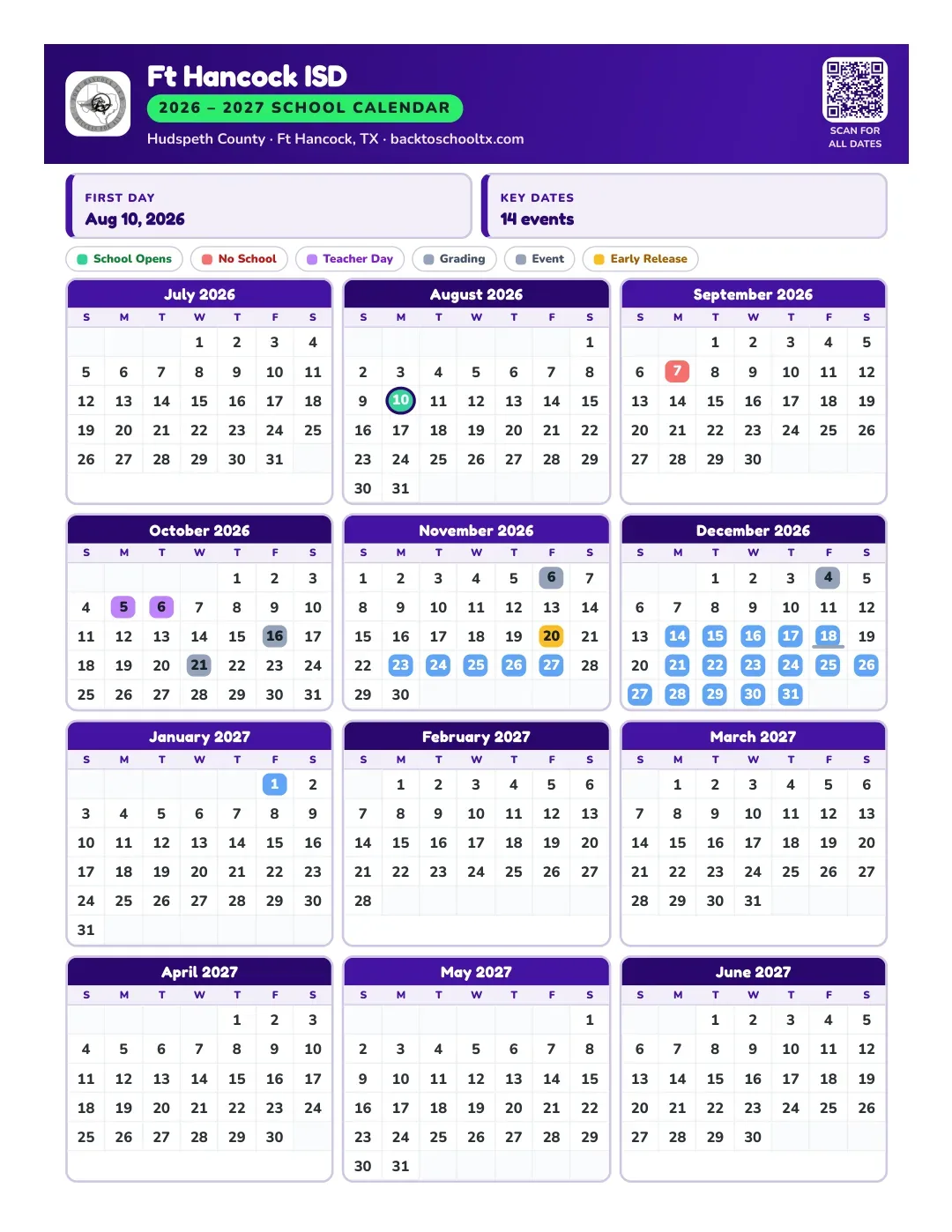 Ft Hancock ISD Calendar for the Year 26-27