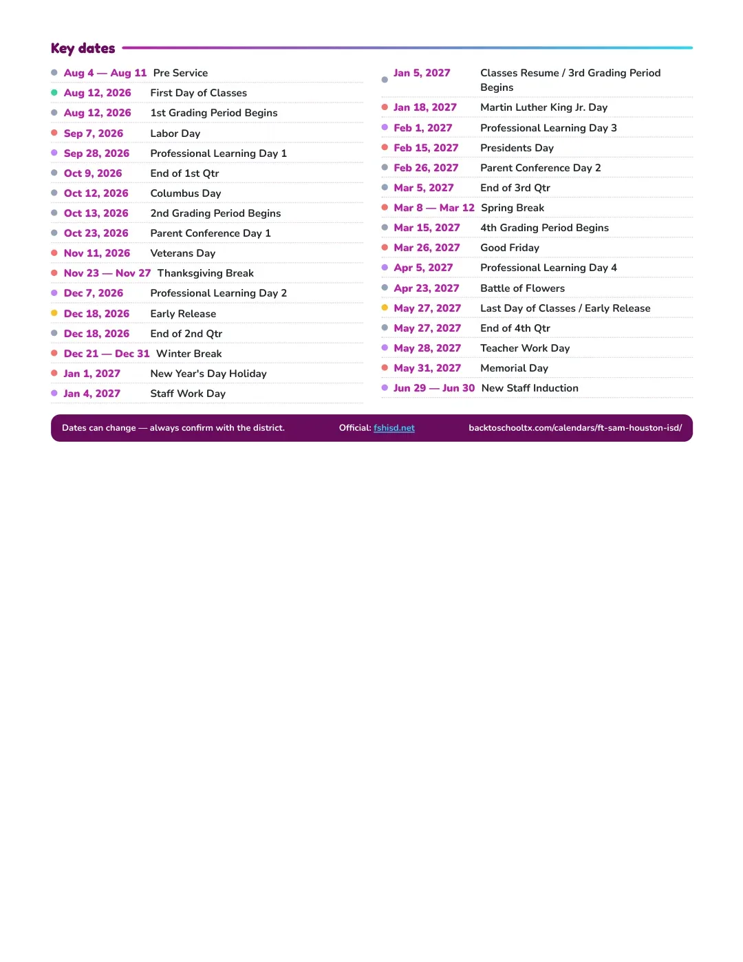 Ft Sam Houston ISD Calendar for the Year 26-27 — key dates