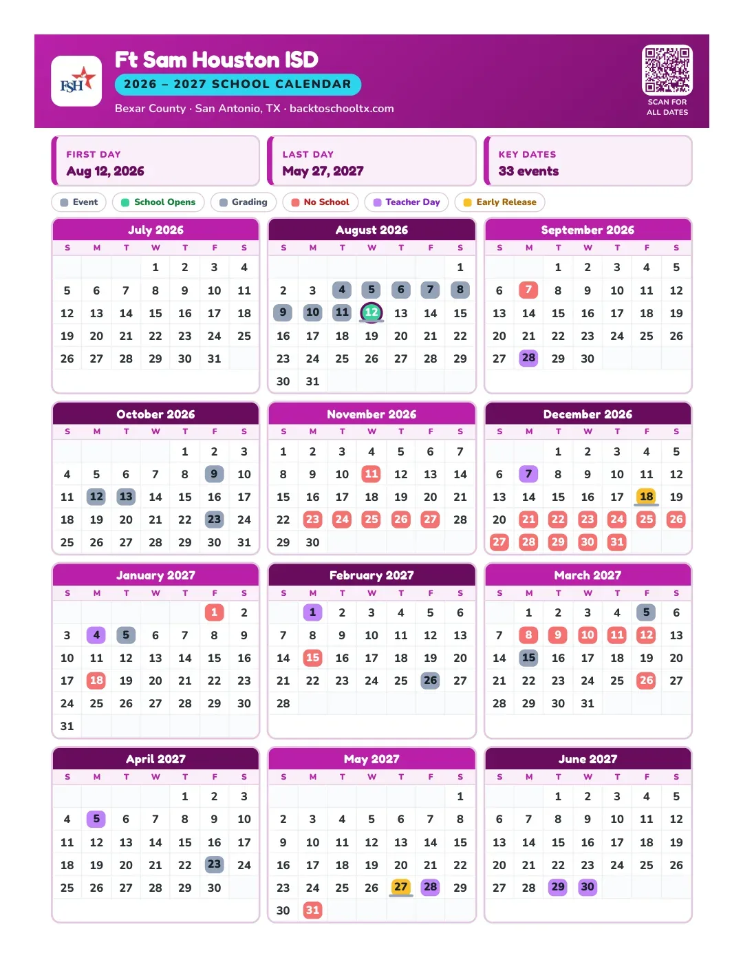 Ft Sam Houston ISD Calendar for the Year 26-27