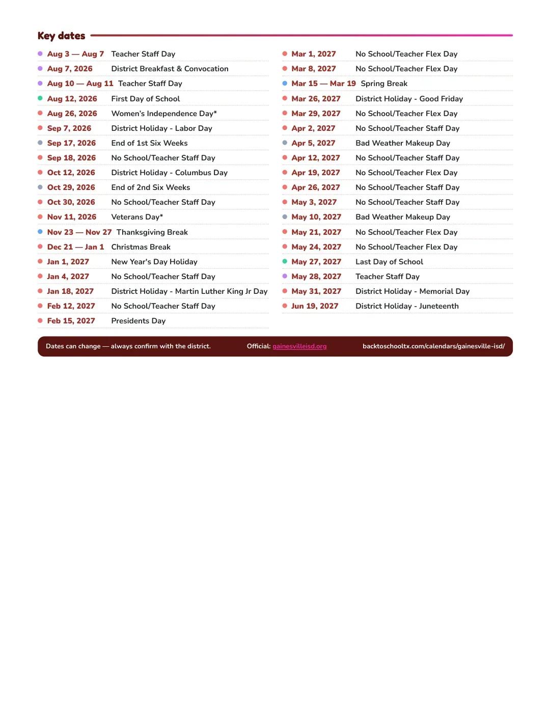 Gainesville ISD Calendar for the Year 26-27 — key dates