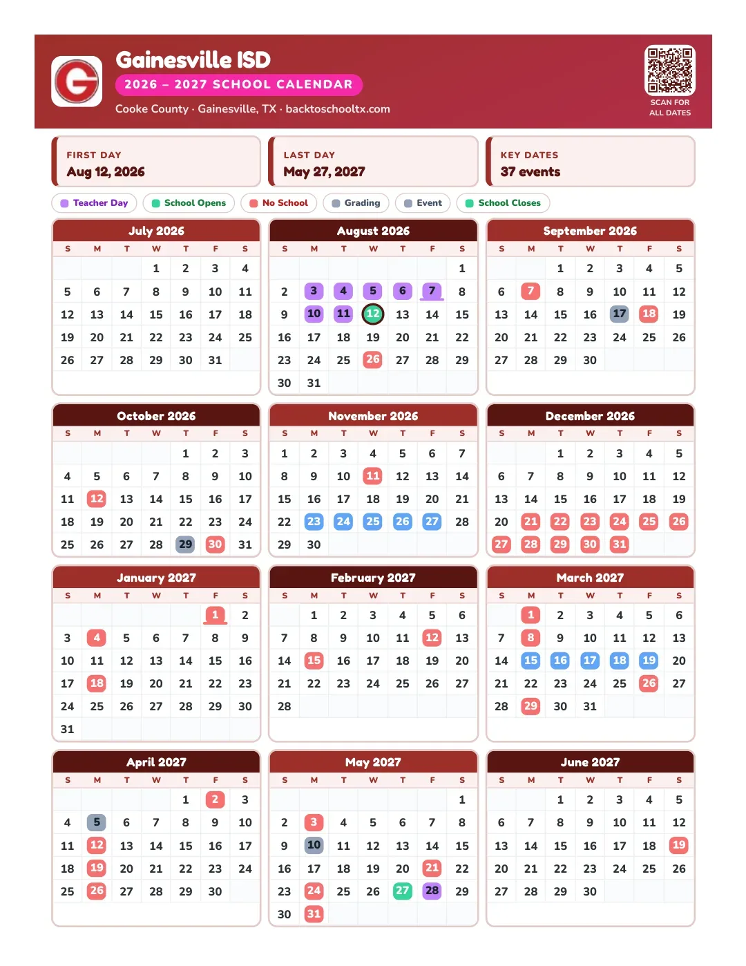 Gainesville ISD Calendar for the Year 26-27