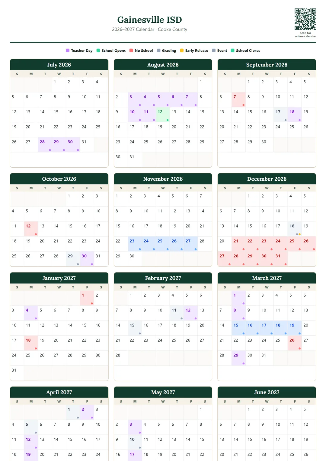 Gainesville ISD printable 2026–2027 calendar