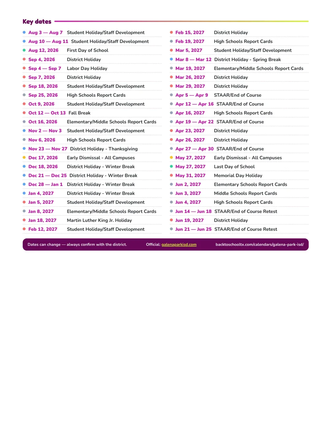 Galena Park ISD Calendar for the Year 26-27 — key dates