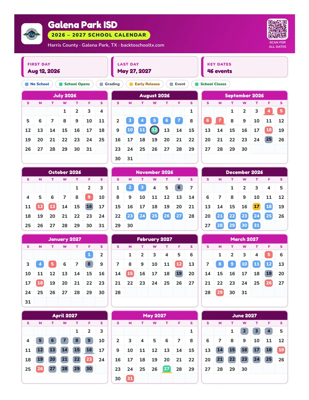 Galena Park ISD Calendar for the Year 26-27