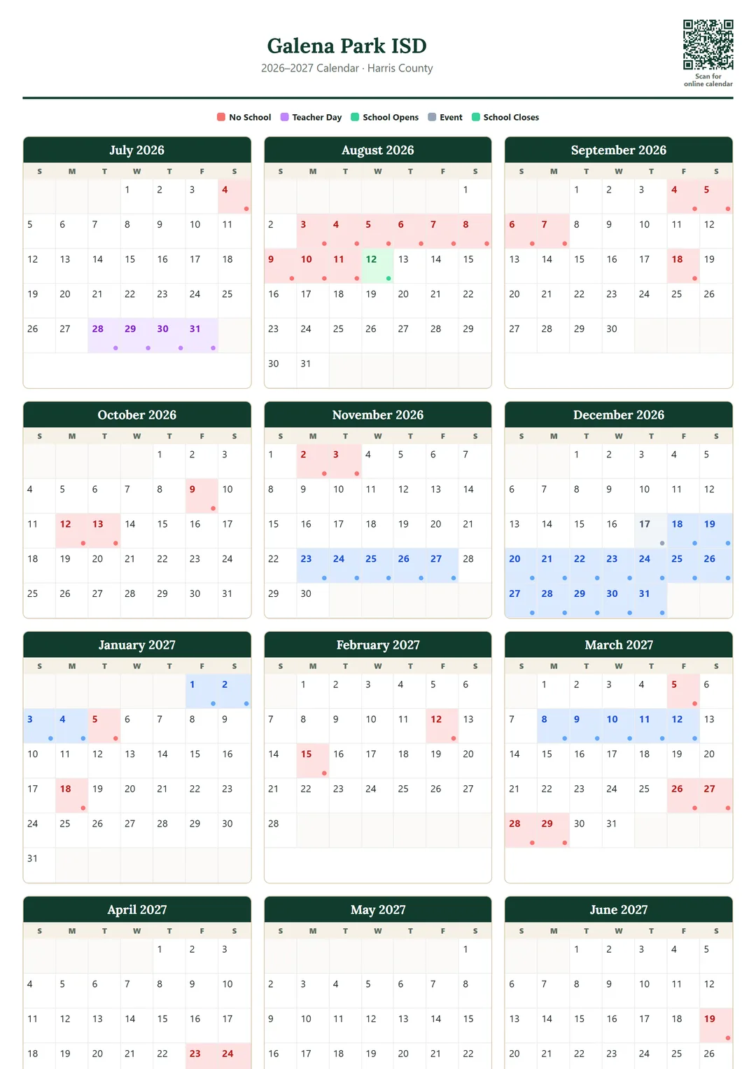 Galena Park ISD printable 2026–2027 calendar