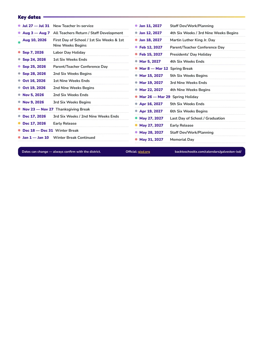 Galveston ISD Calendar for the Year 26-27 — key dates