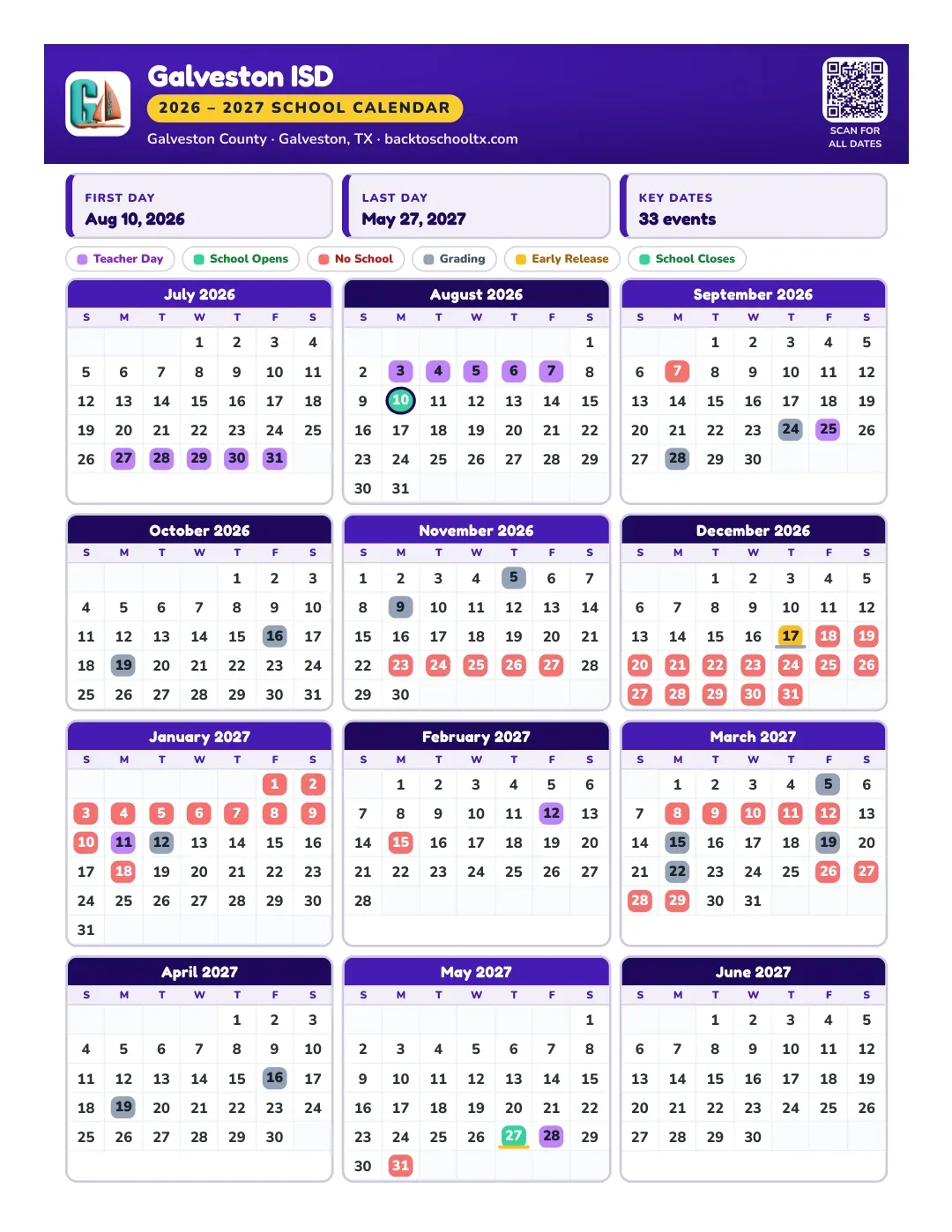 Galveston ISD Calendar for the Year 26-27