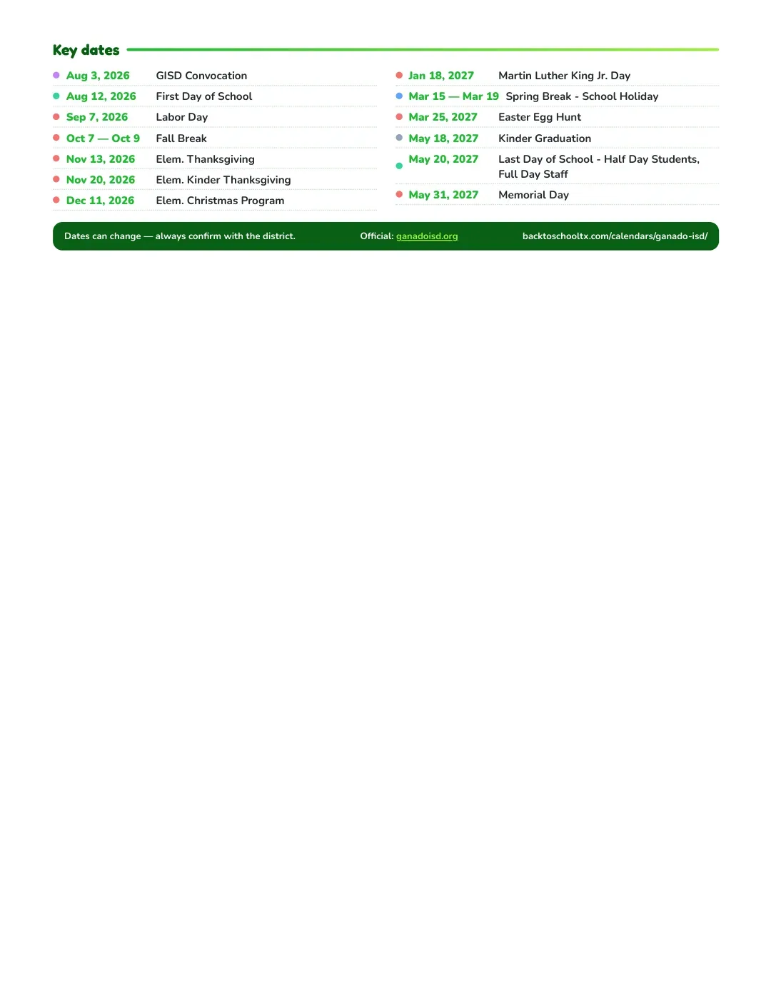 Ganado ISD Calendar for the Year 26-27 — key dates