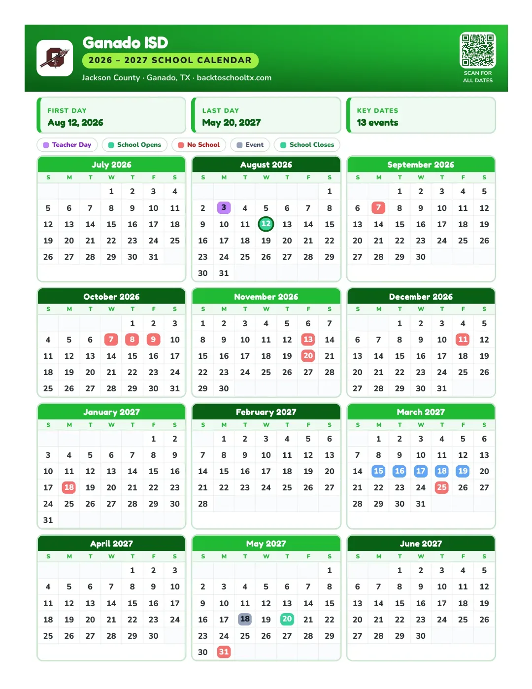 Ganado ISD Calendar for the Year 26-27