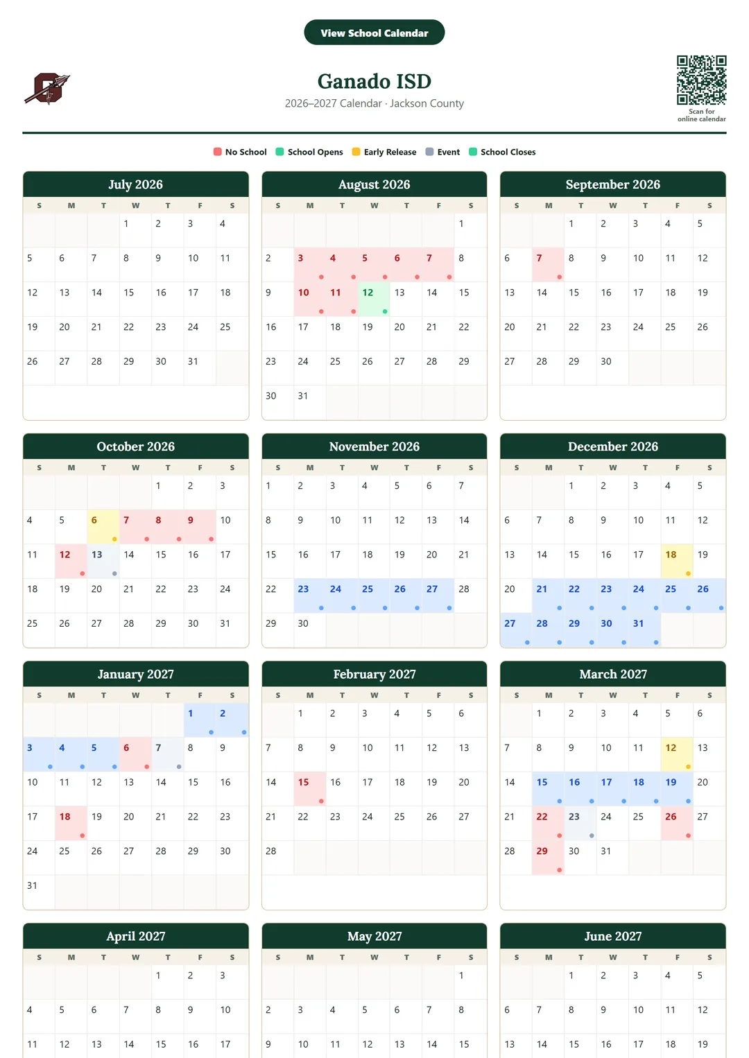Ganado ISD printable 2026–2027 calendar