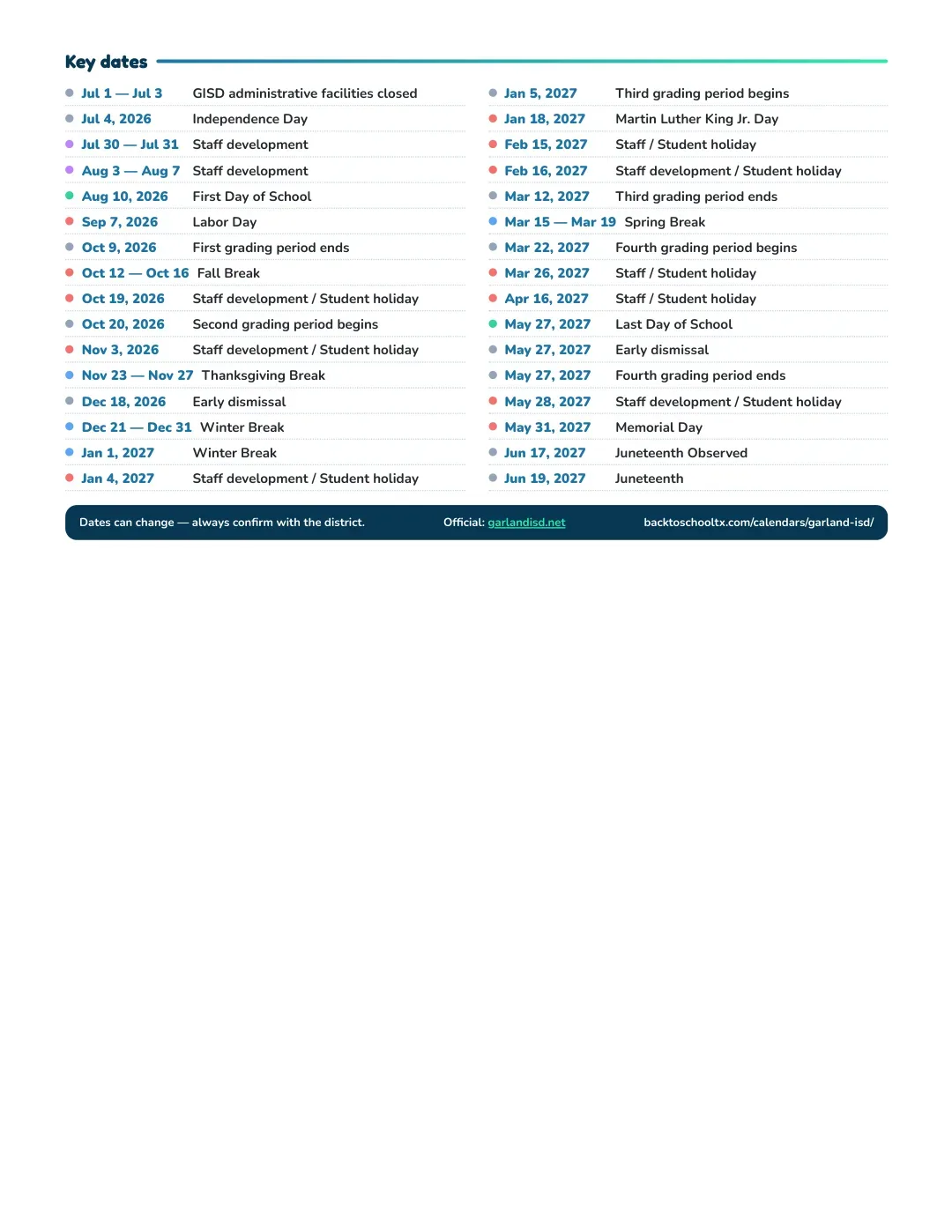 Garland ISD Calendar for the Year 26-27 — key dates