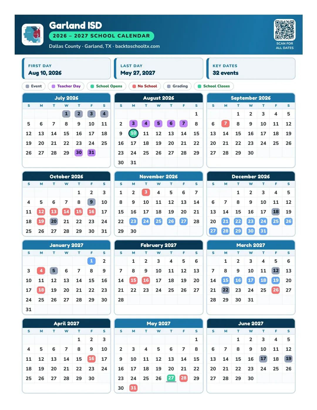 Garland ISD Calendar for the Year 26-27
