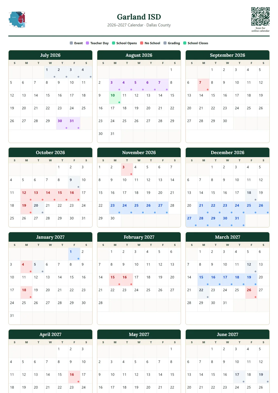 Garland ISD printable 2026–2027 calendar