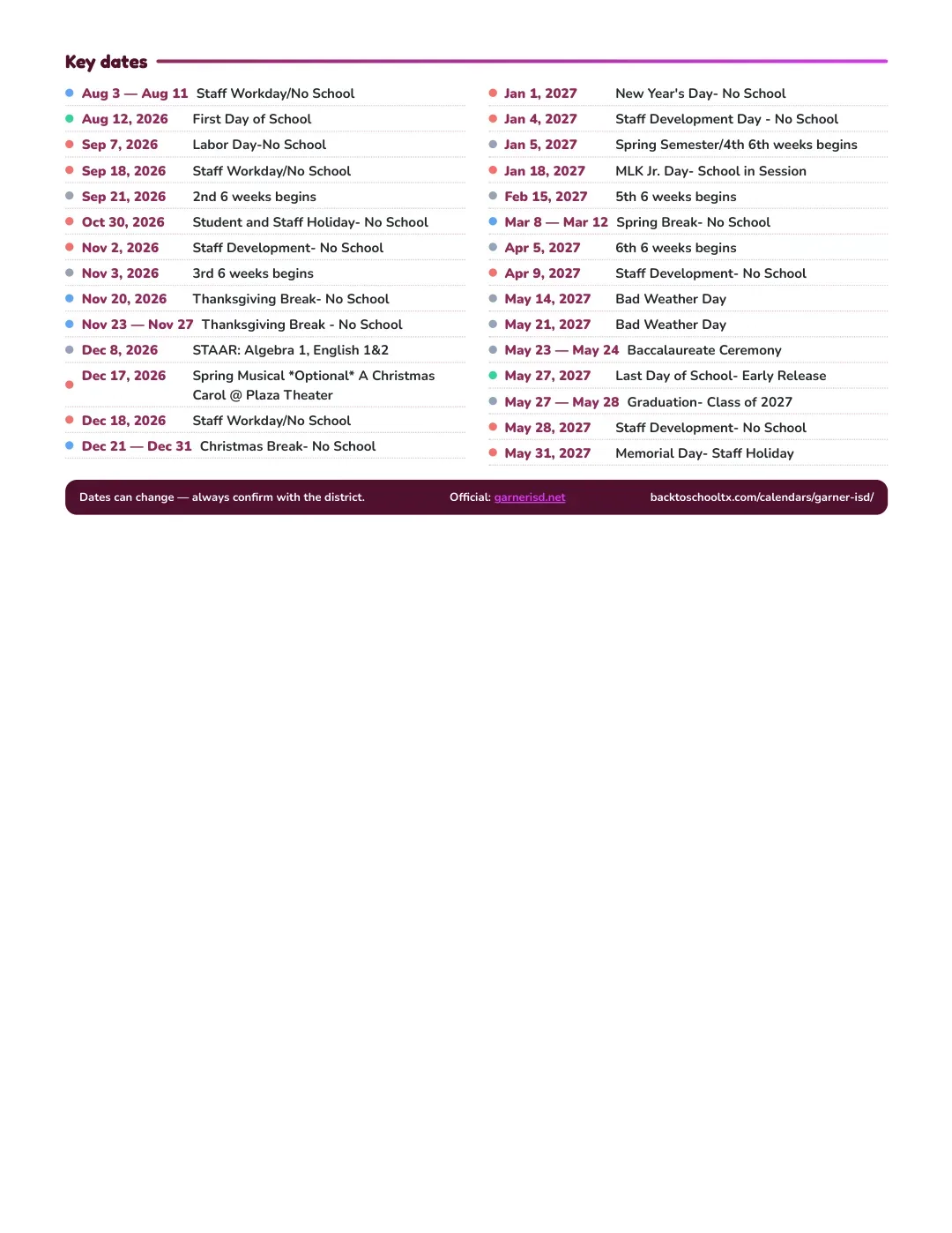 Garner ISD Calendar for the Year 26-27 — key dates