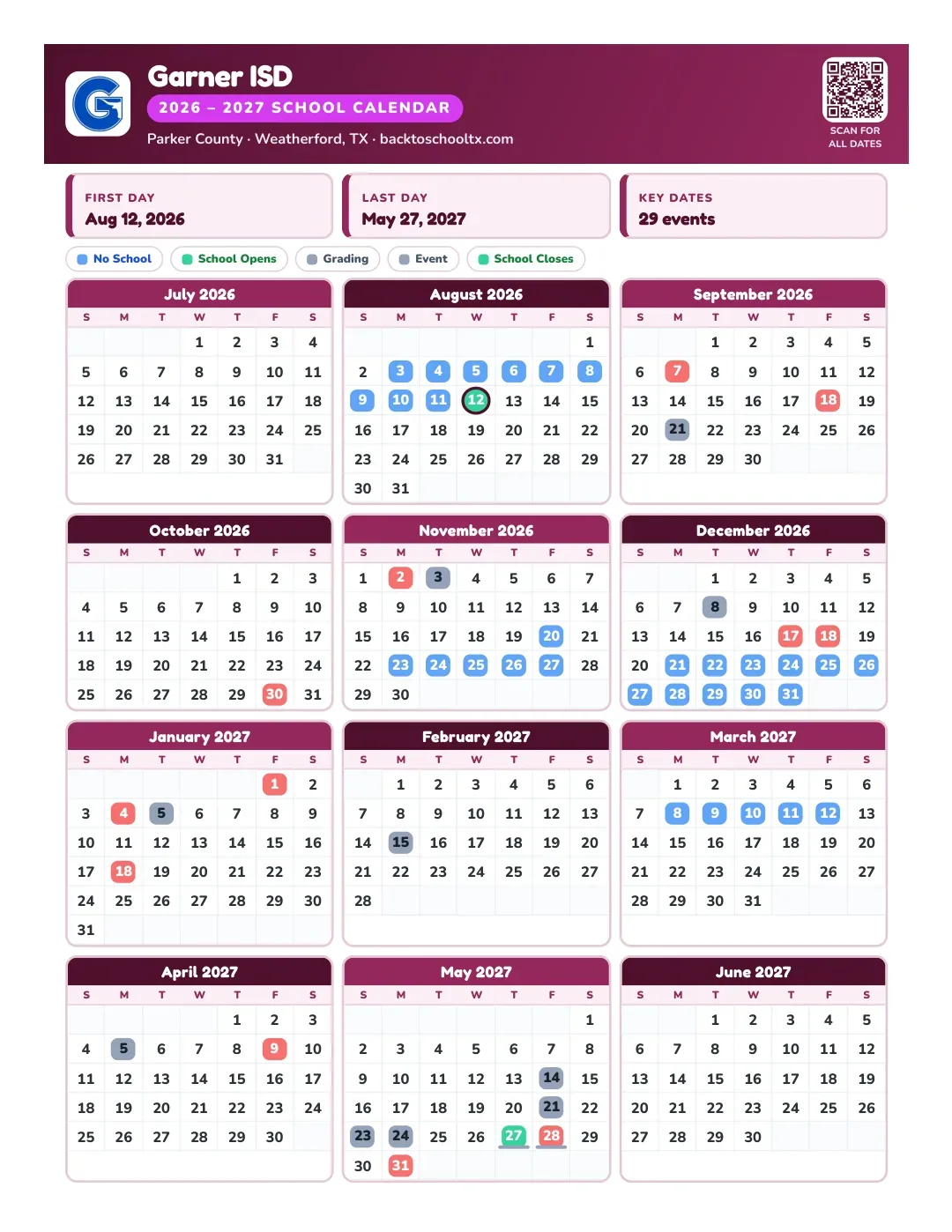 Garner ISD Calendar for the Year 26-27