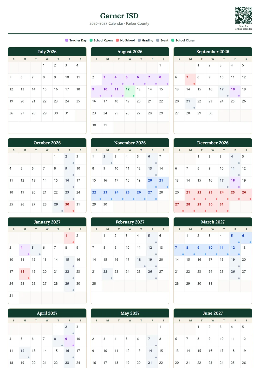 Garner ISD printable 2026–2027 calendar