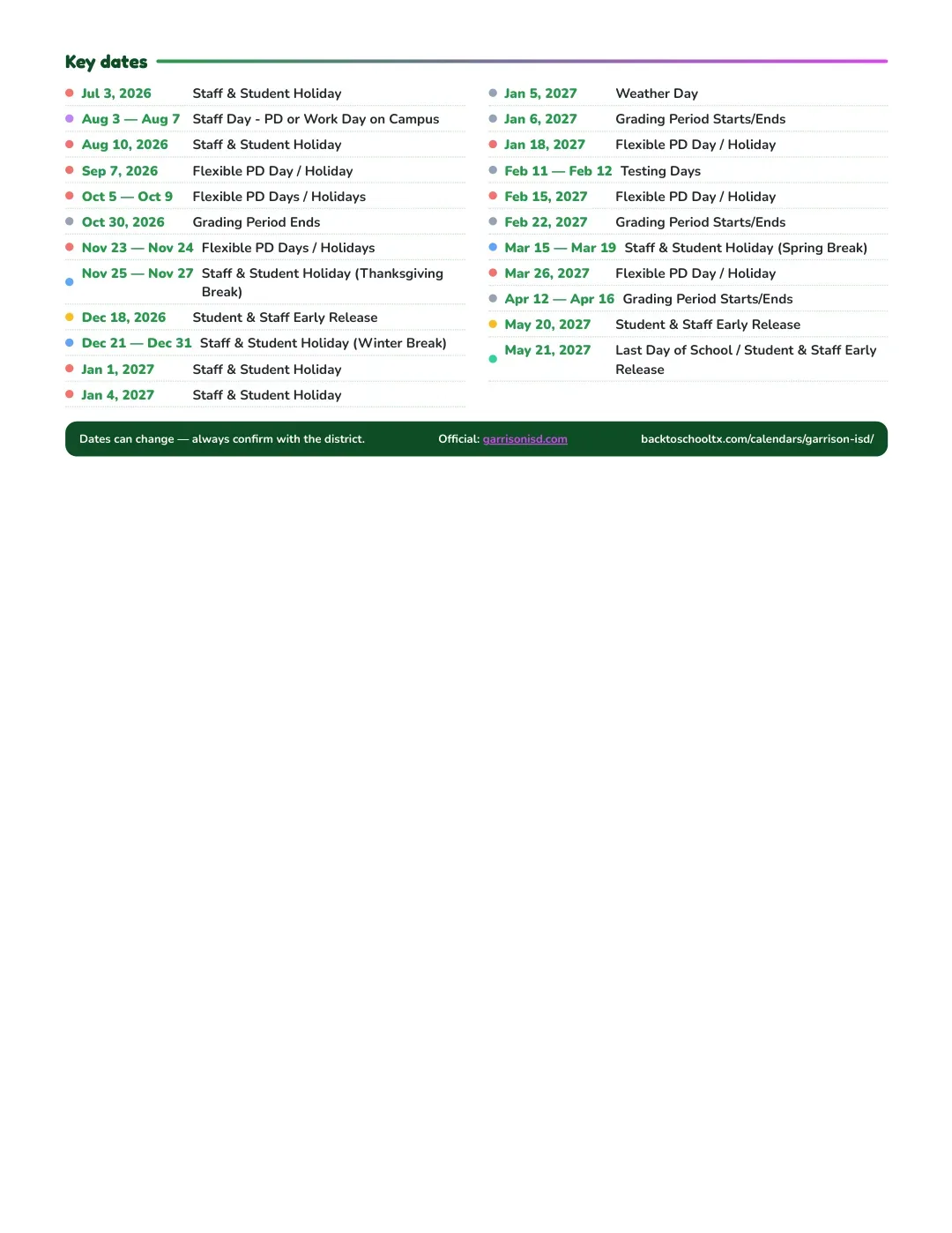 Garrison ISD Calendar for the Year 26-27 — key dates
