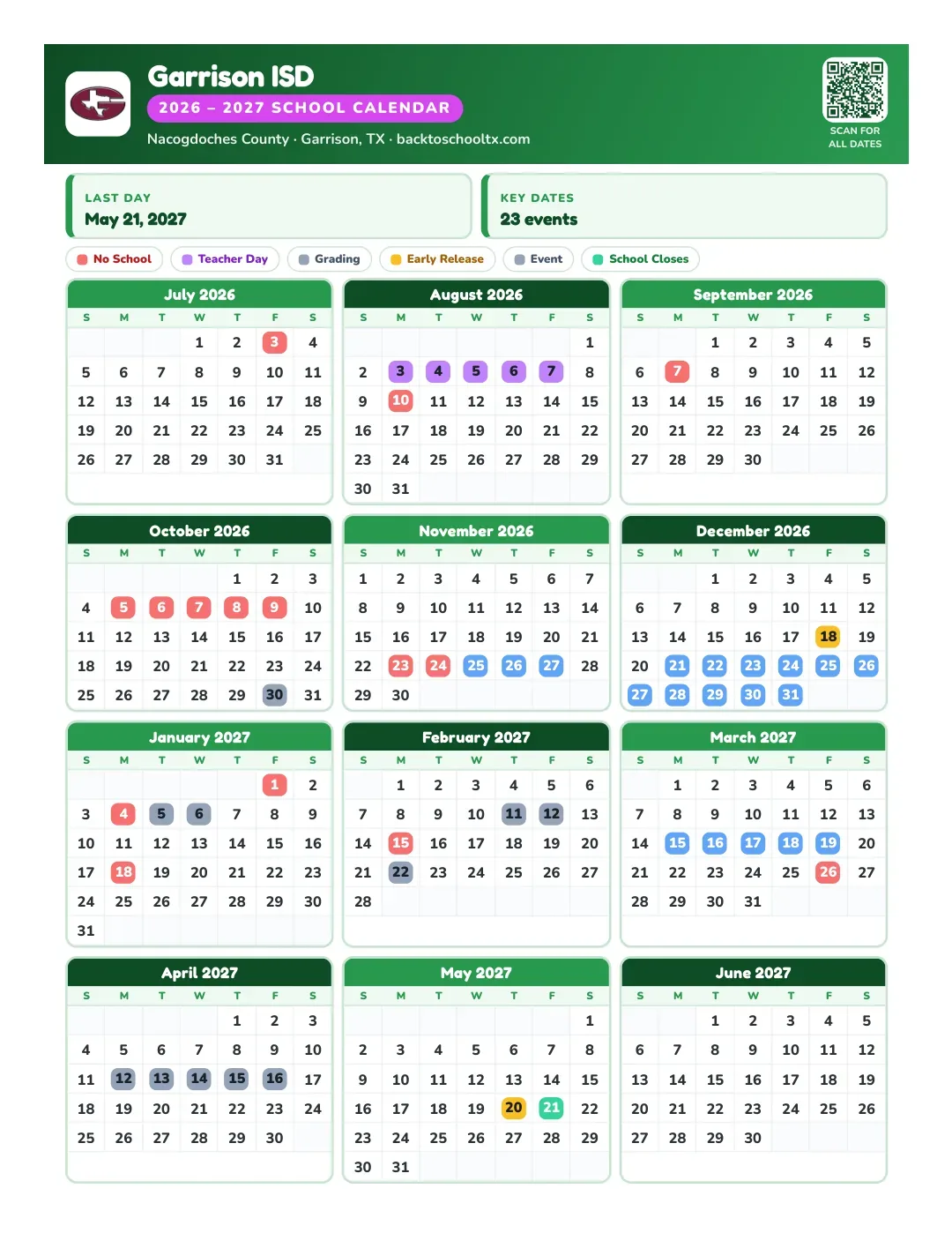 Garrison ISD Calendar for the Year 26-27