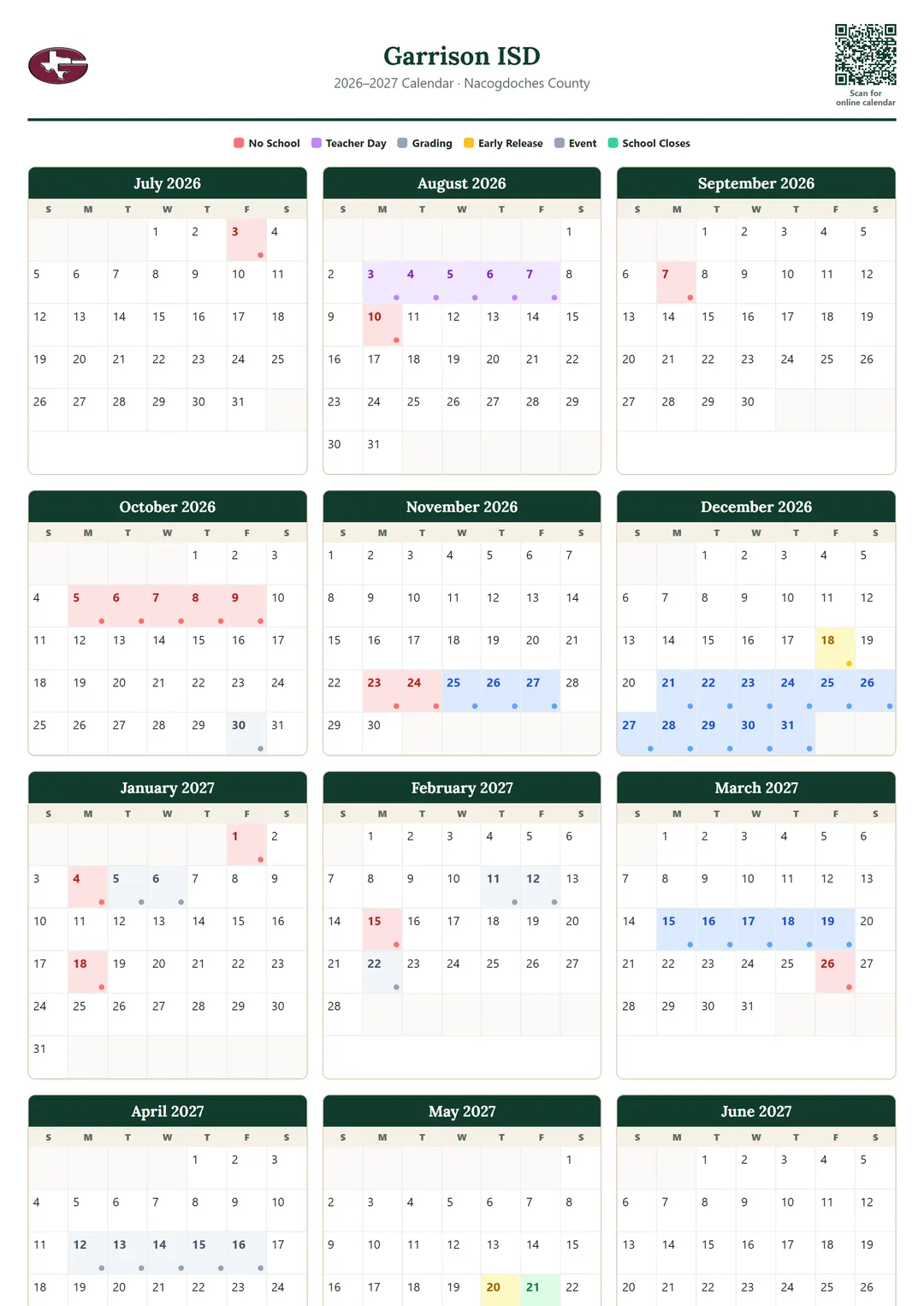 Garrison ISD printable 2026–2027 calendar
