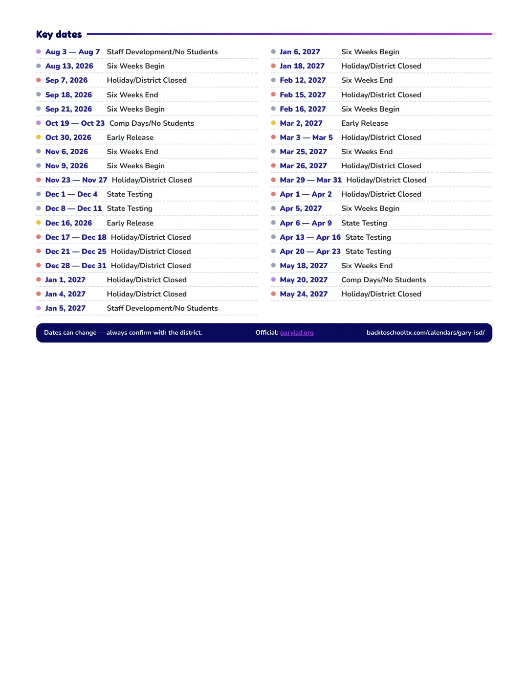 Gary ISD Calendar for the Year 26-27 — key dates
