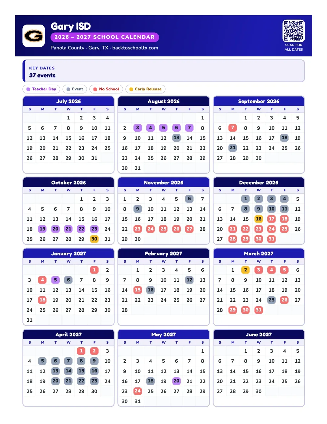 Gary ISD Calendar for the Year 26-27