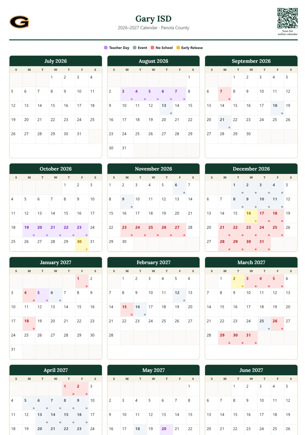 Gary ISD printable 2026–2027 calendar