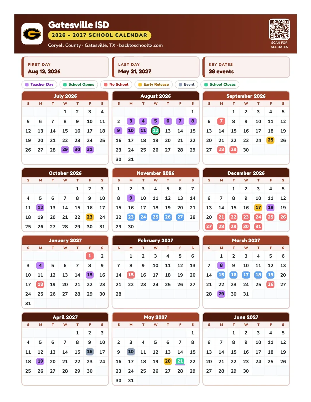 Gatesville ISD Calendar for the Year 26-27