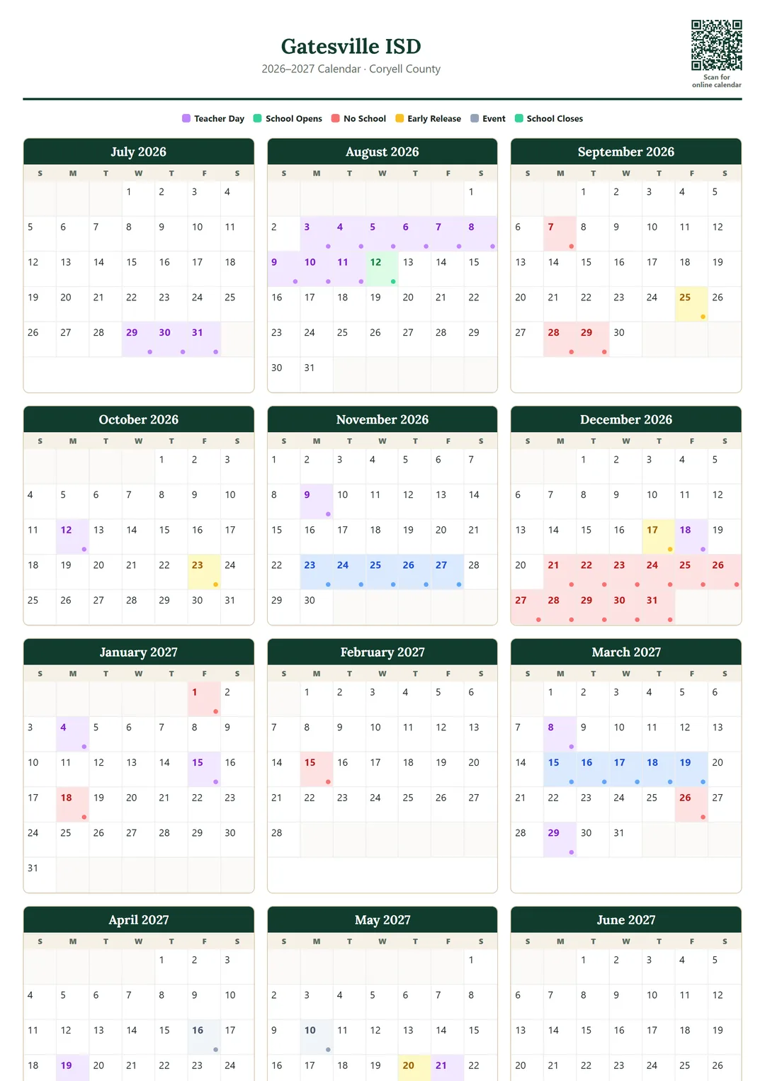 Gatesville ISD printable 2026–2027 calendar