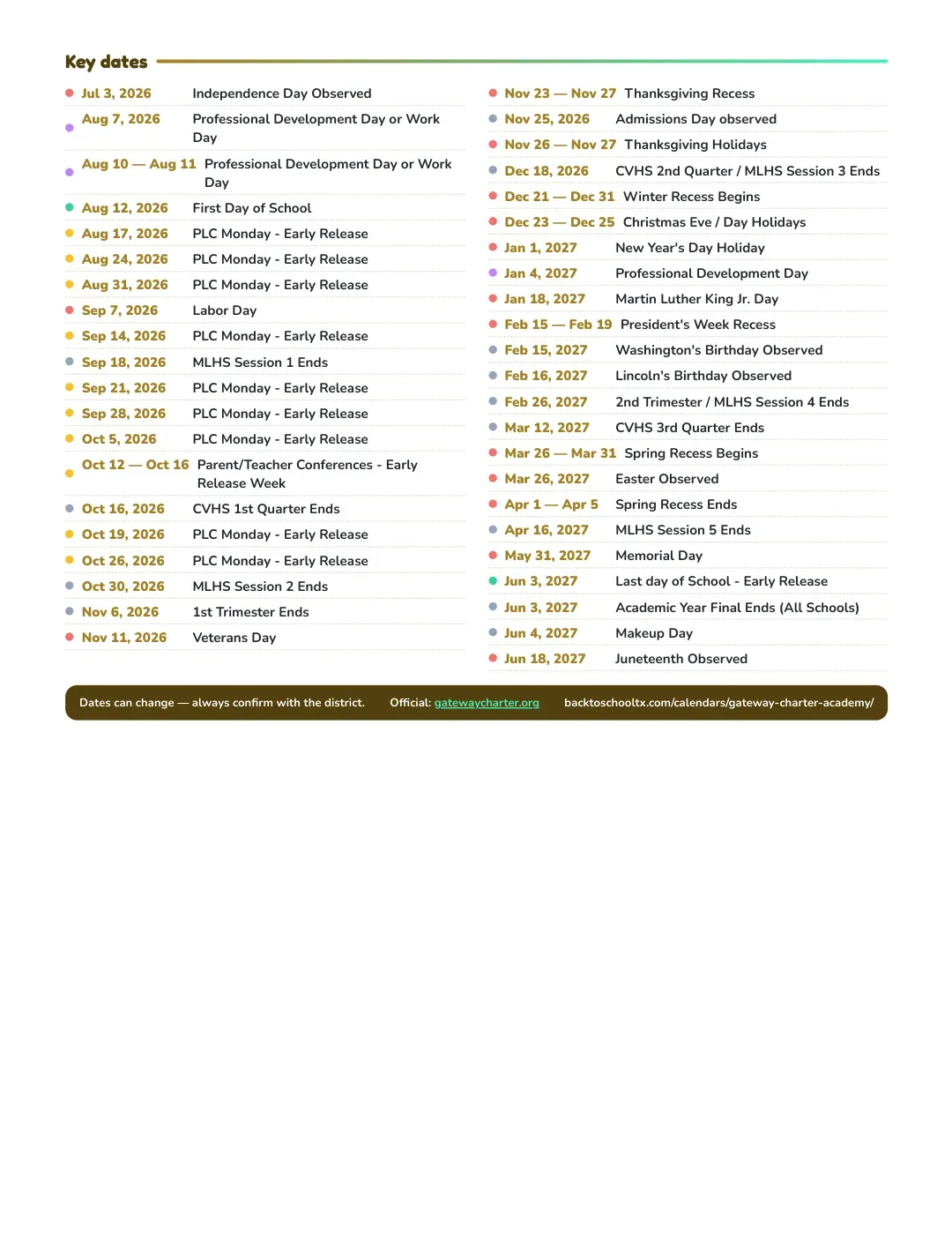 Gateway Charter Academy Calendar for the Year 26-27 — key dates