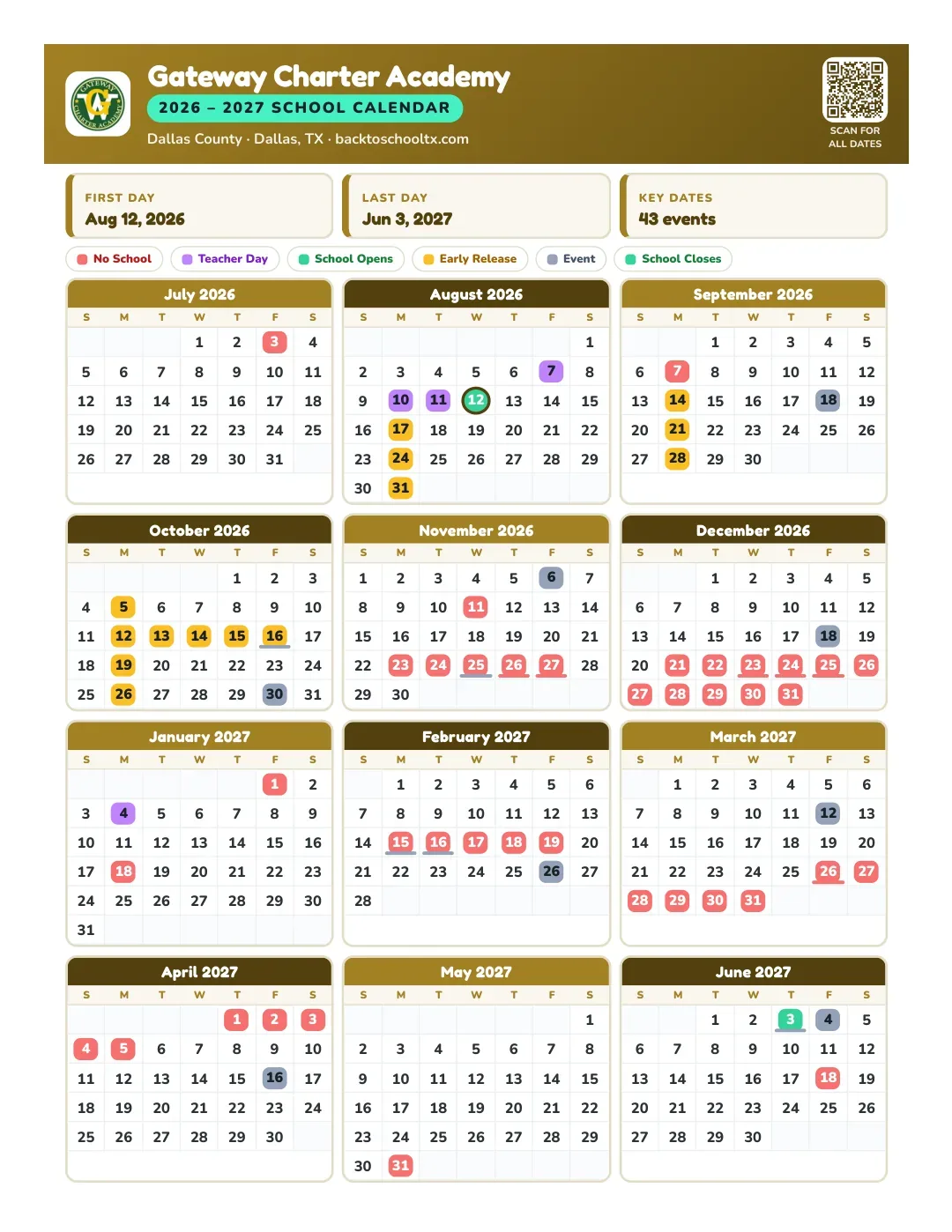 Gateway Charter Academy Calendar for the Year 26-27