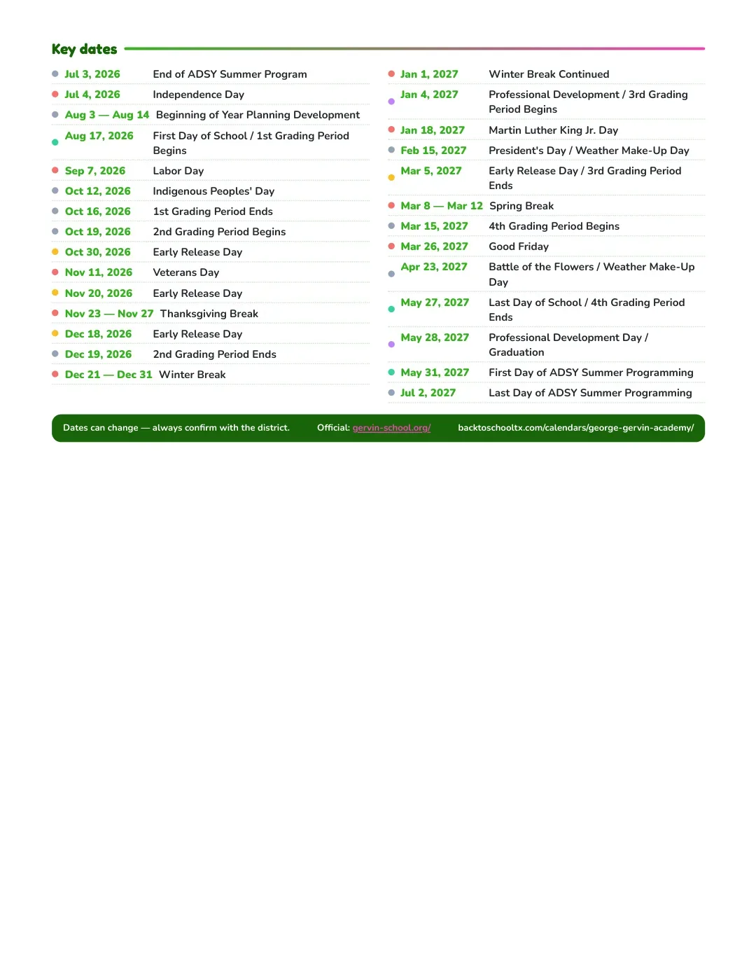 George Gervin Academy Calendar for the Year 26-27 — key dates