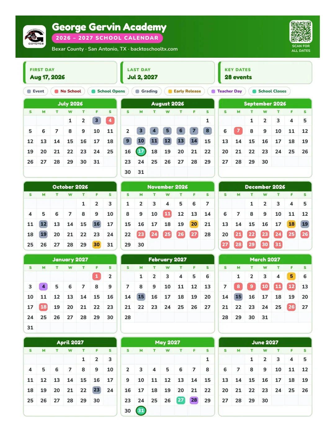 George Gervin Academy Calendar for the Year 26-27
