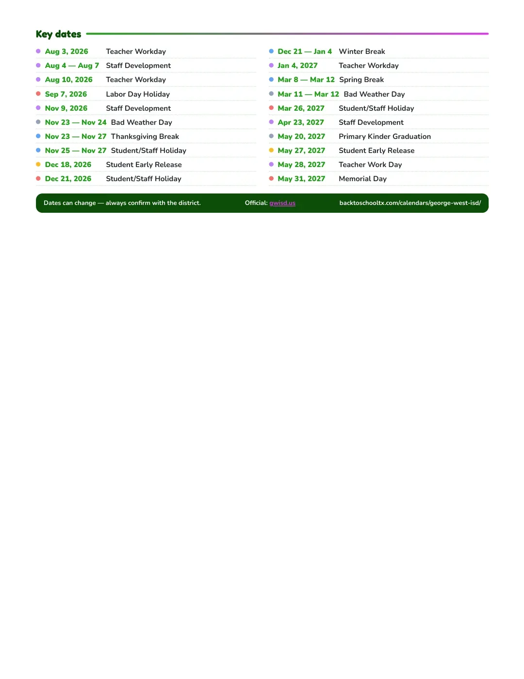 George West ISD Calendar for the Year 26-27 — key dates