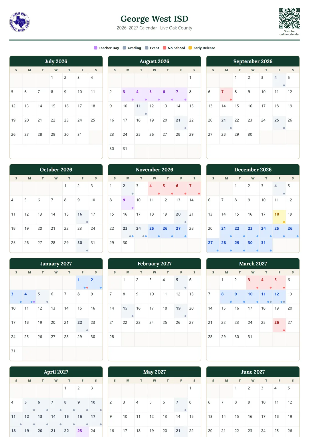 George West ISD printable 2026–2027 calendar
