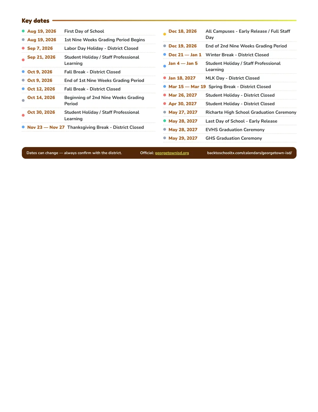 Georgetown ISD Calendar for the Year 26-27 — key dates
