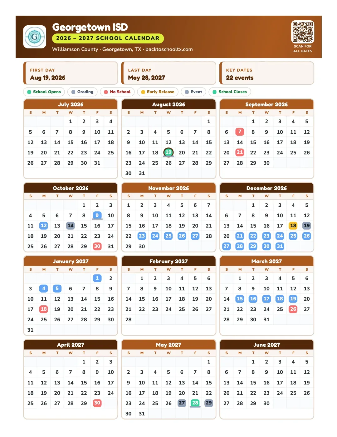 Georgetown ISD Calendar for the Year 26-27