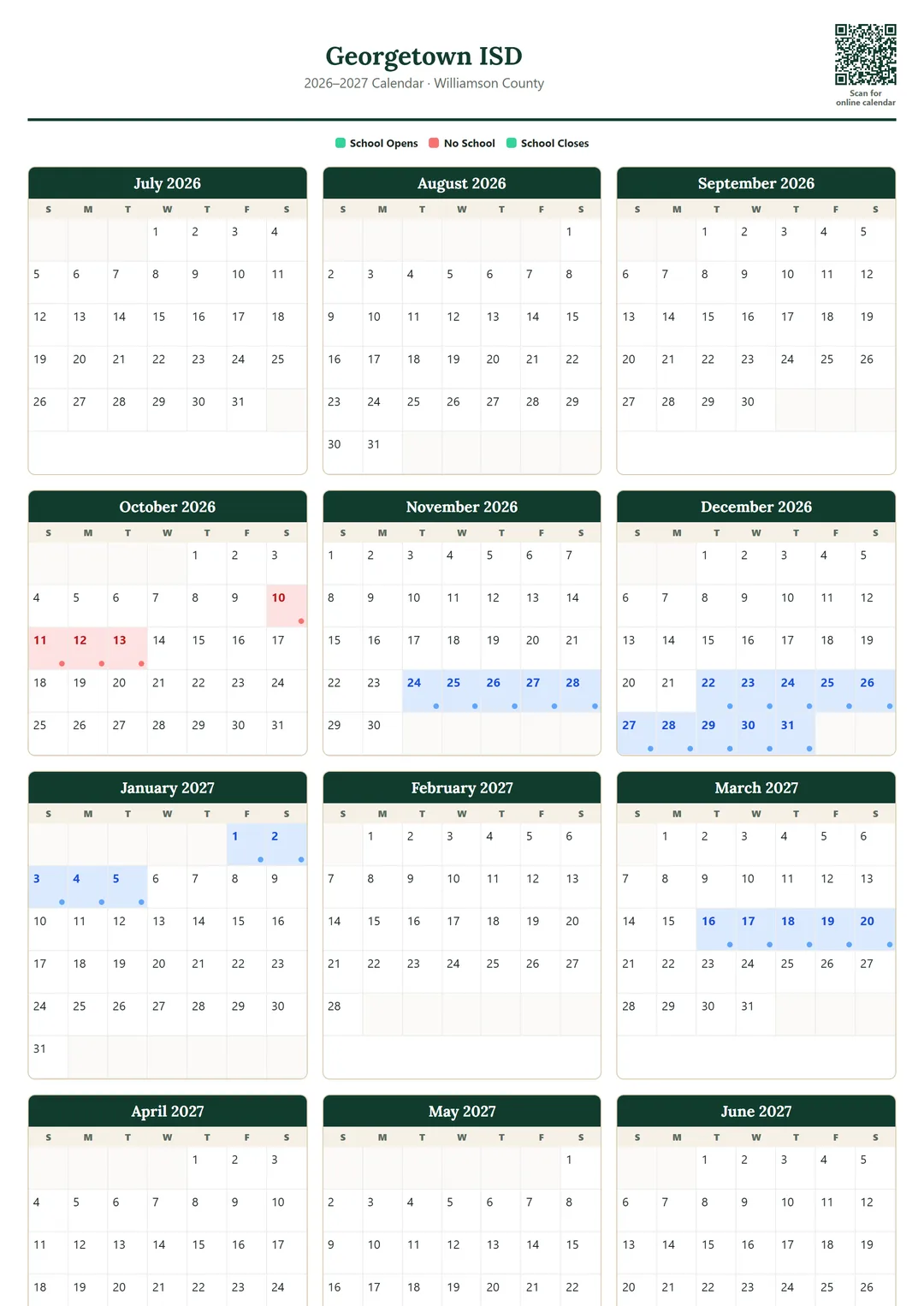 Georgetown ISD printable 2026–2027 calendar