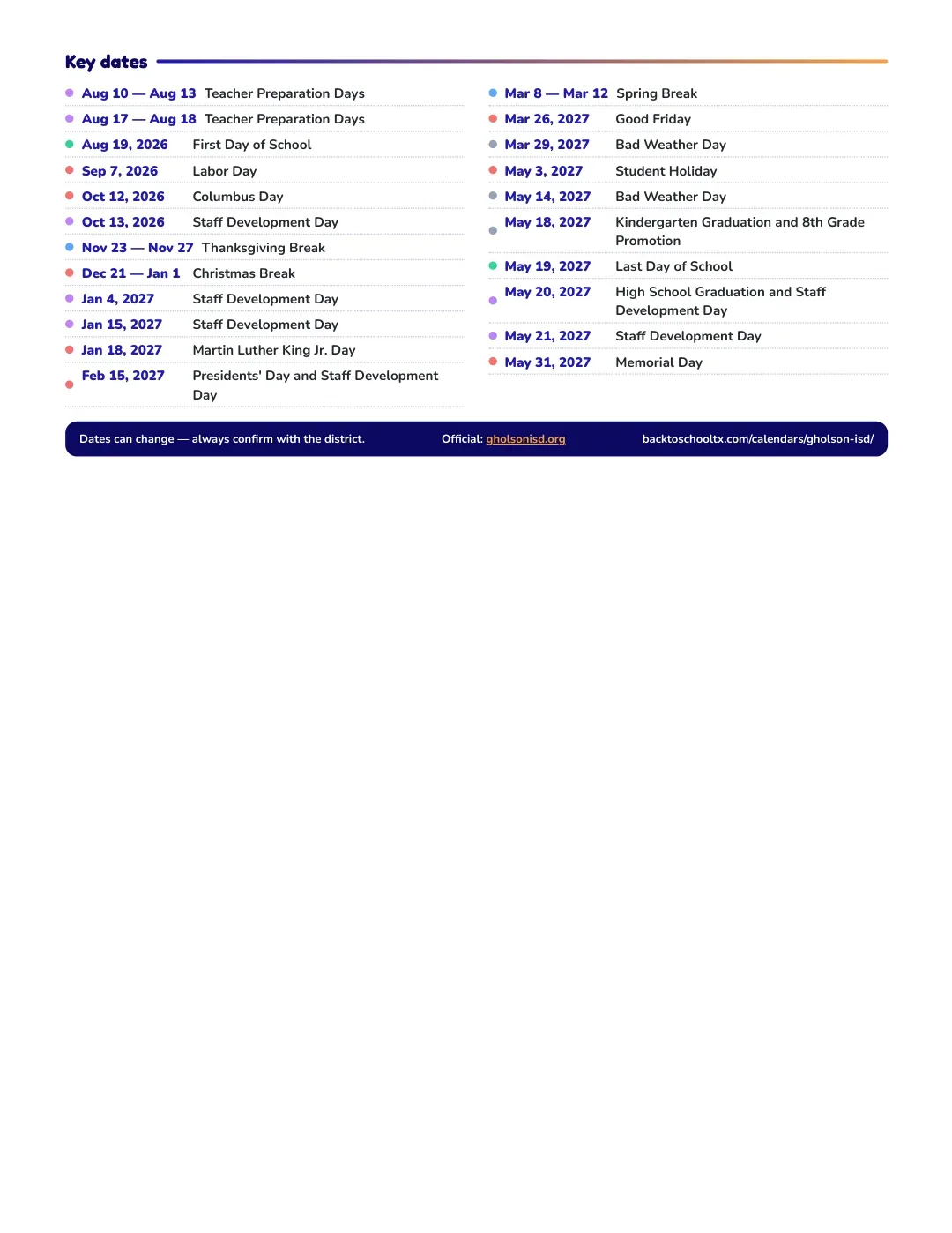 Gholson ISD Calendar for the Year 26-27 — key dates