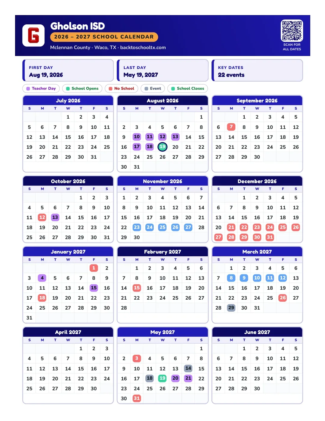 Gholson ISD Calendar for the Year 26-27